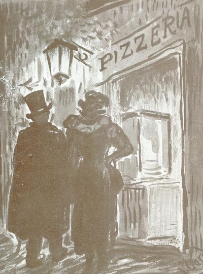 Evening out with top hat, feather and pizza