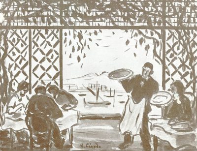 Perfect view of Naples Pizza, seaside, boats and Vesuvius