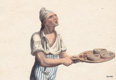 Travelling pizzaiolo printed early 1800s, taken from Tommaso Esposito’s book on pizza